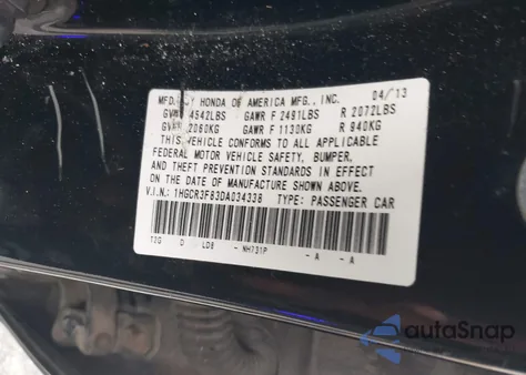 2013 Honda Accord Ex-L V-6 from USA, damaged, VIN 1HGCR3F83DA034338